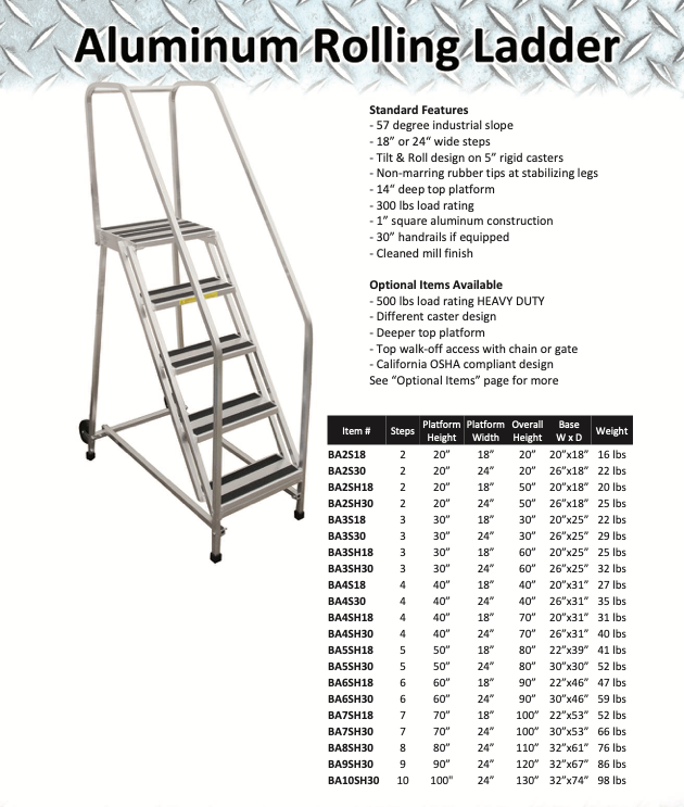 An aluminum rolling ladder is shown on a white background.