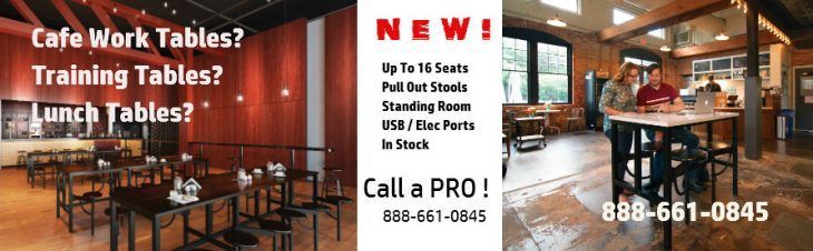 An advertisement for cafe work tables training tables and lunch tables
