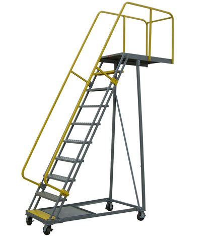 A ladder with wheels and a yellow railing on a white background.