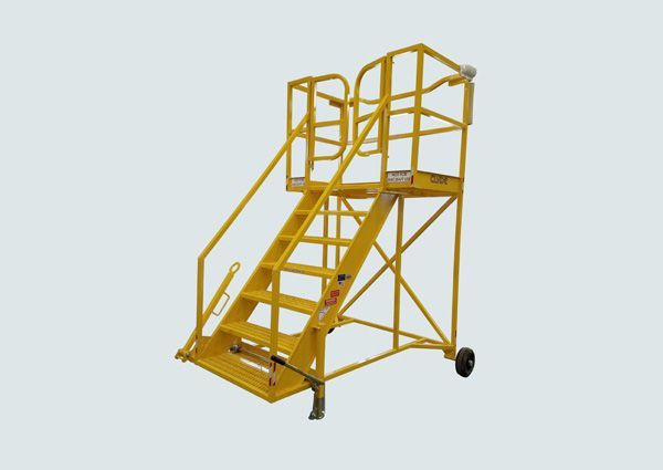A yellow ladder with wheels and a railing on a white background.