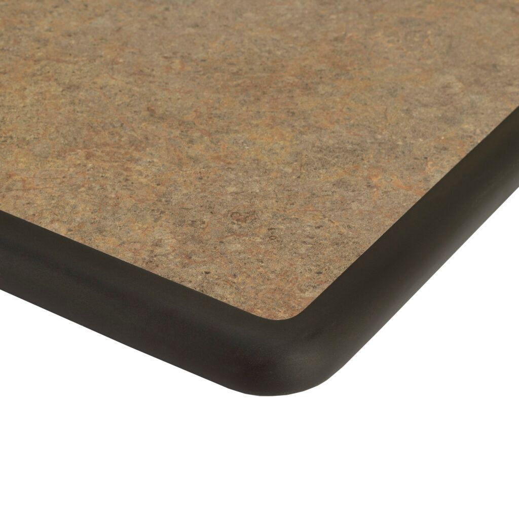 A close up of a table top with a black border.