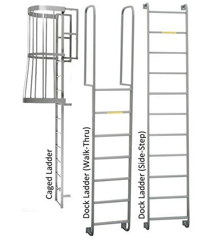 A picture of a caged ladder , dock ladder , and side step ladder.