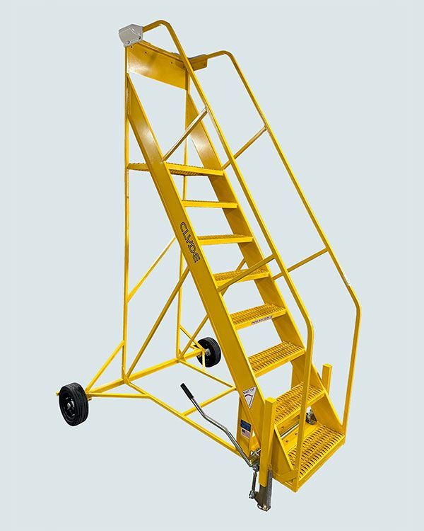A yellow ladder with wheels on a white background.
