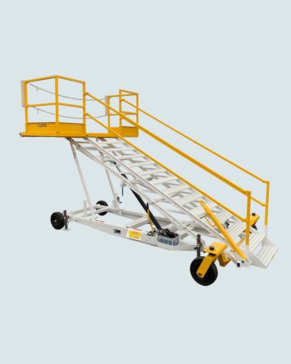 A yellow and white ladder with wheels on a white background.