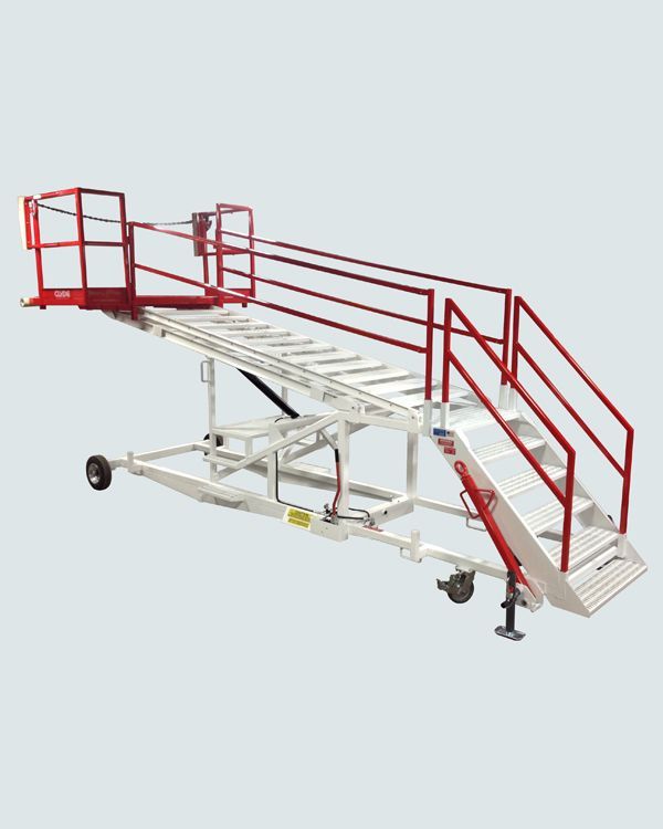 A ladder with stairs and a red railing on a white background.