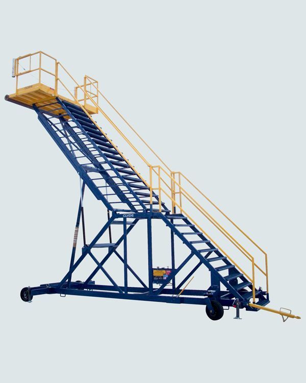 A blue and yellow staircase with wheels on a white background
