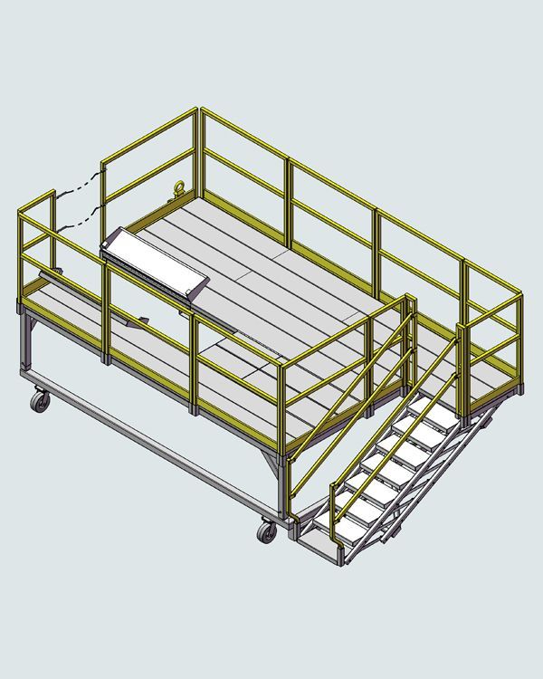A 3d model of a platform with stairs and a railing.