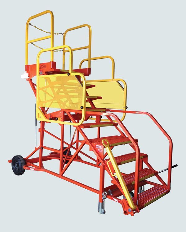 A red and yellow ladder with wheels on a white background
