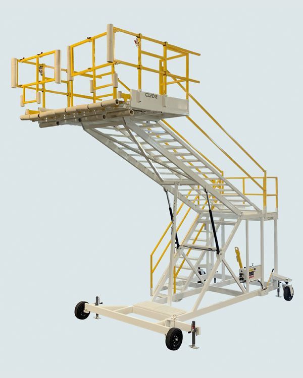 A ladder with wheels and a yellow railing on a white background
