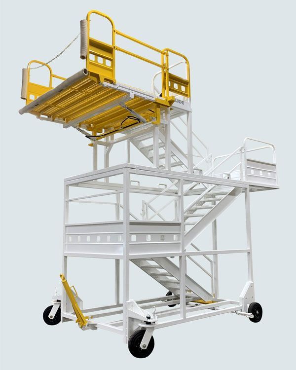 A white and yellow ladder with wheels on a white background