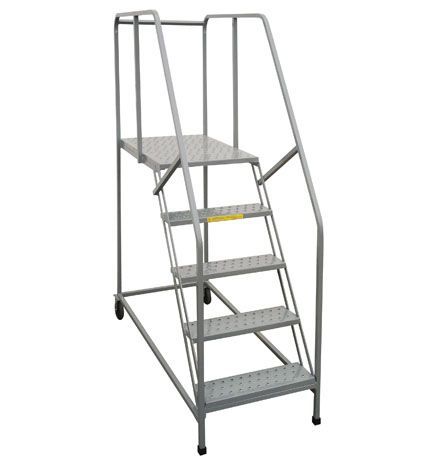 A metal ladder with wheels and a platform on a white background.