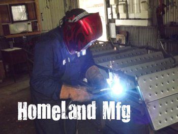 A man wearing a welding mask is welding a piece of metal with the words homeland mig written below him
