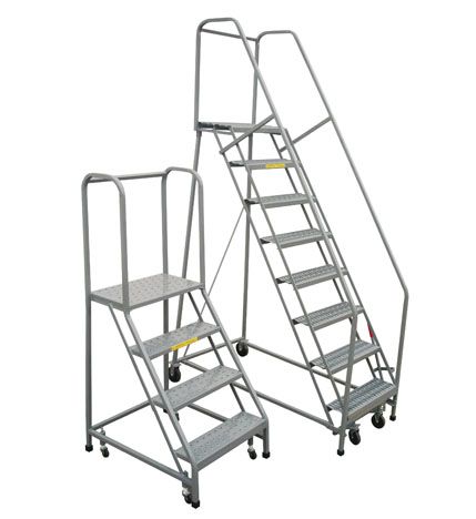 A metal ladder with wheels and steps on a white background.
