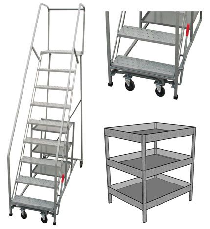 There are three different types of stairs and shelves.