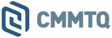 Logo CMMTQ bleu avec icône géométrique stylisée sur fond blanc