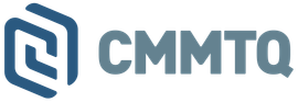 Logo CMMTQ avec emblème géométrique bleu et texte gris-bleu sur fond blanc
