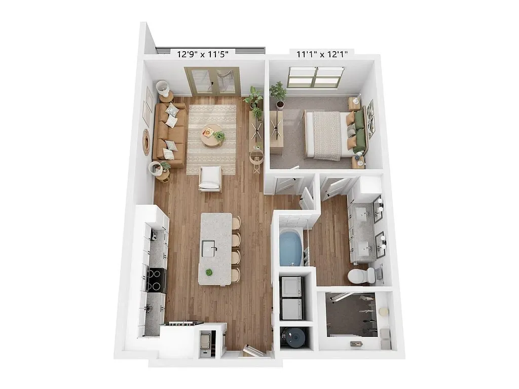 Top-down floor plan of a small apartment with living room, kitchen, bedroom, and bathroom.