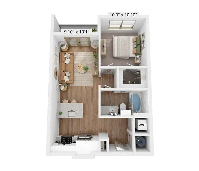 3D floor plan of a small apartment with living area, bedroom, kitchen, bathroom, and laundry closet