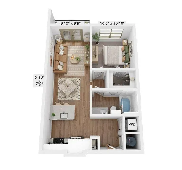 Top-down floor plan of a small apartment with bedroom, living area, kitchen, and bath.