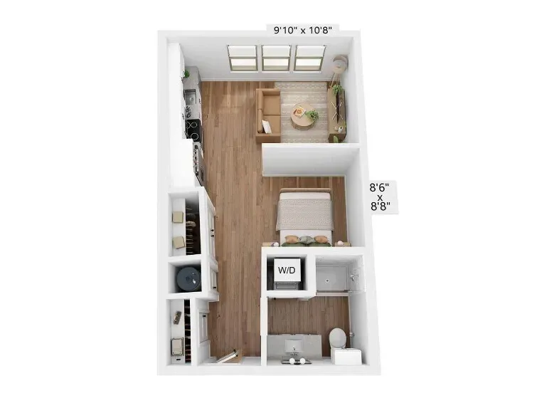 3D floor plan of a small apartment with living area, bedroom, kitchen, bathroom, and laundry closet