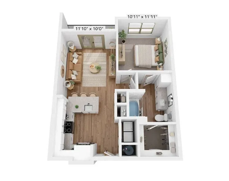 3D floor plan of a small apartment with kitchen, living area, bedroom, bathroom, and hallway
