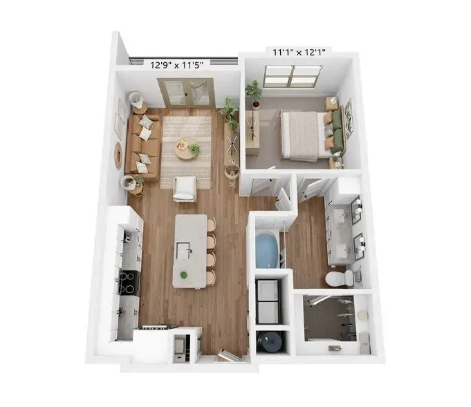Top-down 3D floor plan of a small apartment with kitchen, living area, bedroom, and bath.