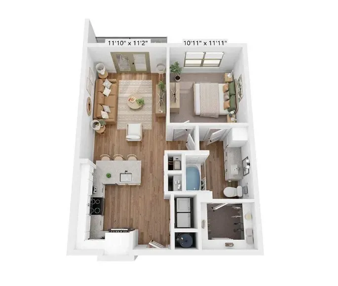 Top-down floor plan of a small apartment with living room, kitchen, bedroom, and bathroom.