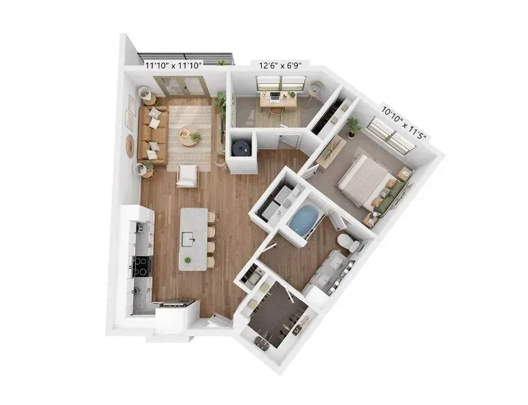 Top-down 3D floor plan of a small apartment with kitchen, living area, bedroom, and bath.