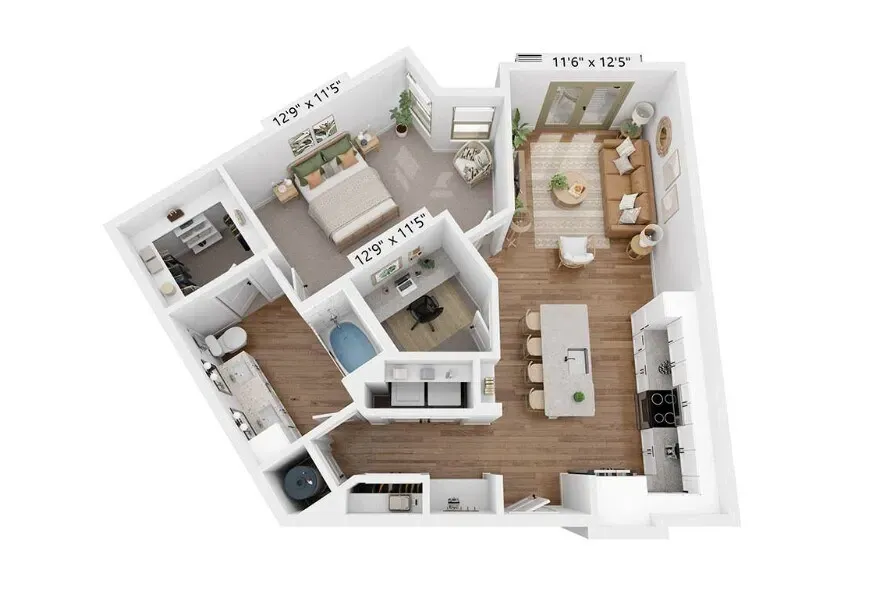 3D floor plan of a modern apartment with an open kitchen, dining area, living room, bedroom, and bath