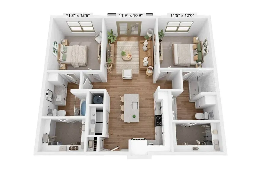 Top-down 3D floor plan of a bright two-bedroom apartment with central living and kitchen area.