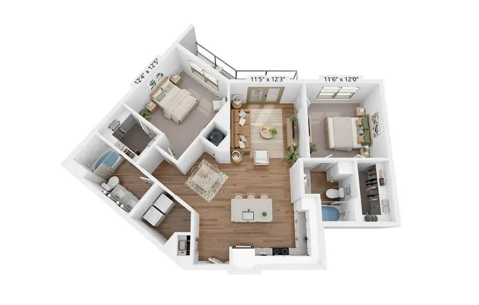 3D floor plan of a compact apartment with living area, kitchen, bedroom, and bathroom rooms visible