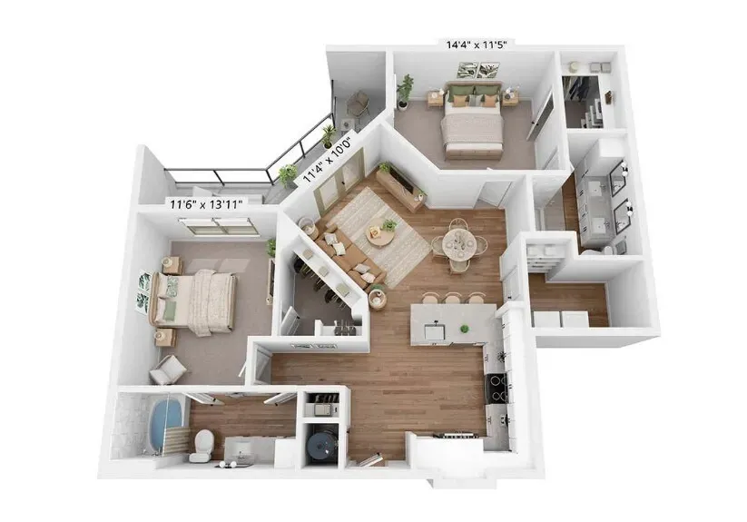 3D floor plan of a modern apartment with bedroom, bathroom, kitchen, and open living area