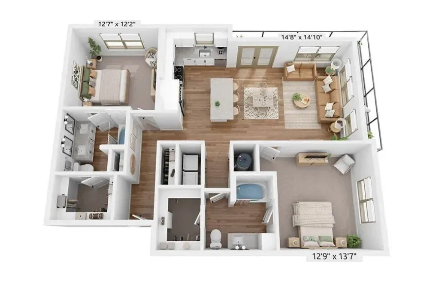 3D apartment floor plan with bedroom, kitchen, living area, bathroom, and balcony shown in an overhead view