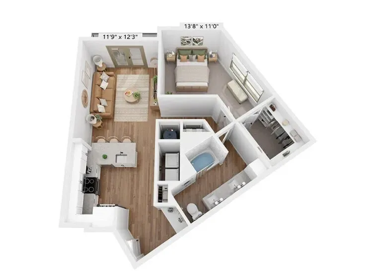 3D floor plan of a modern apartment with wood floors, kitchen, living area, bedroom, and bathroom.