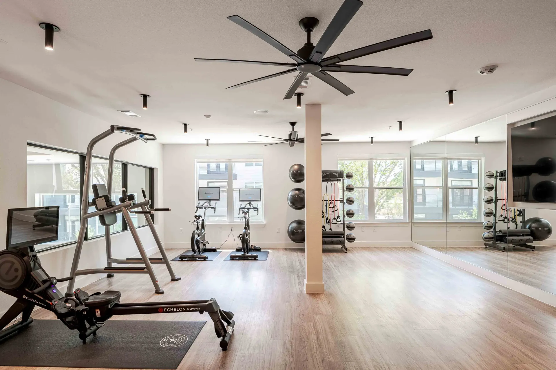 Gym with cardio machines, weight equipment, and yoga balls at The Grayson apartments in Fort Worth, TX..