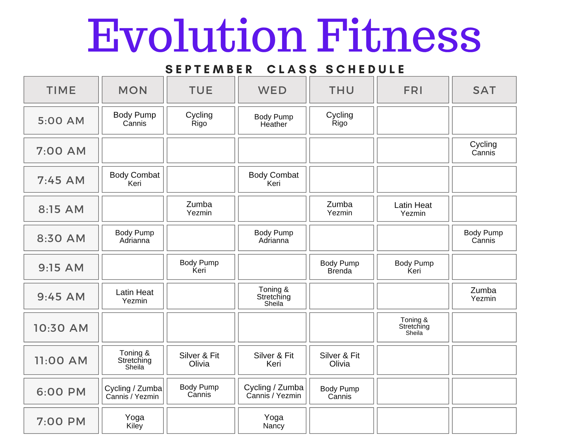Evolution Fitness December 2024 Class Schedule
