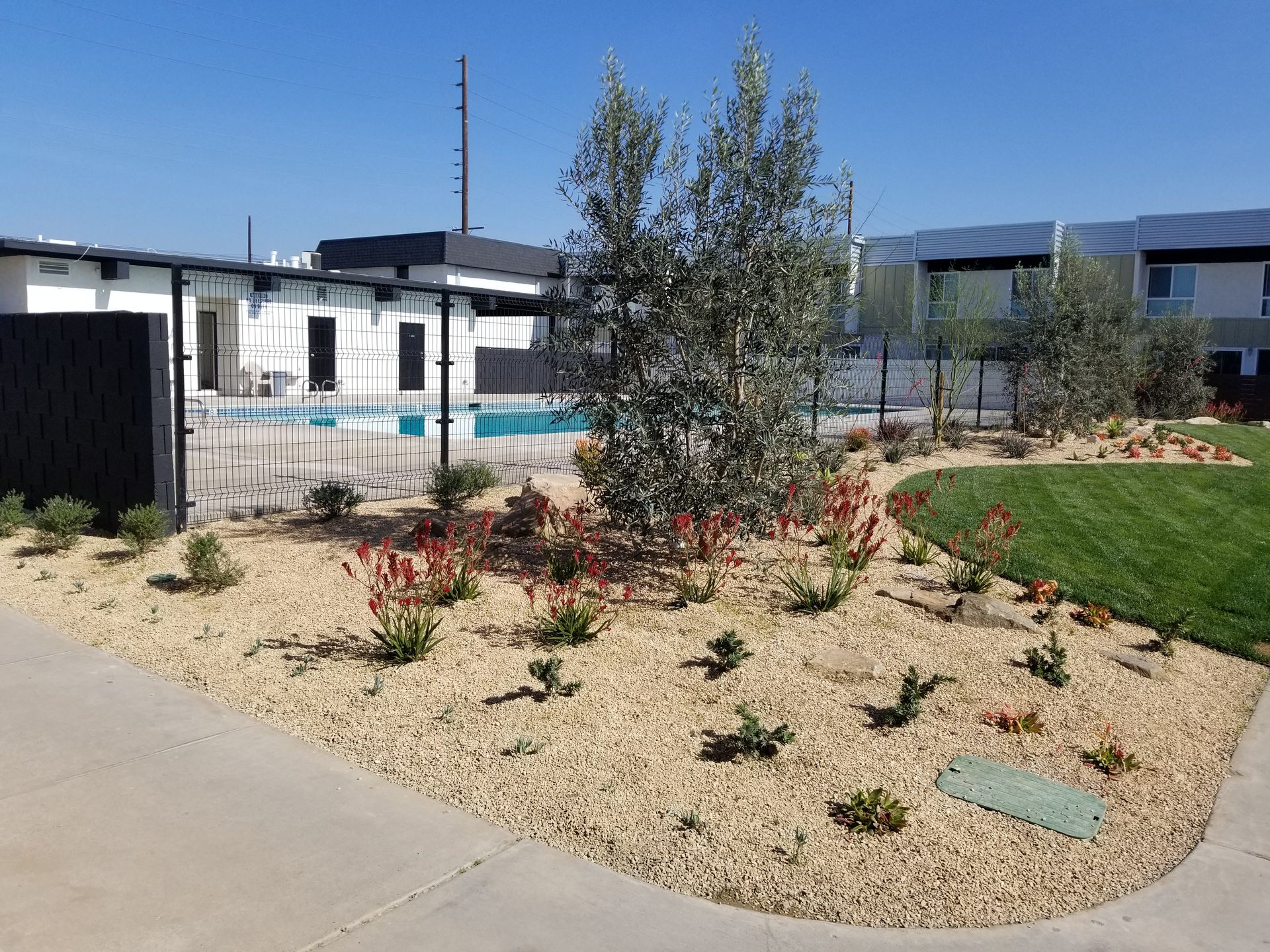 A fenced in yard with a swimming pool in the background.
