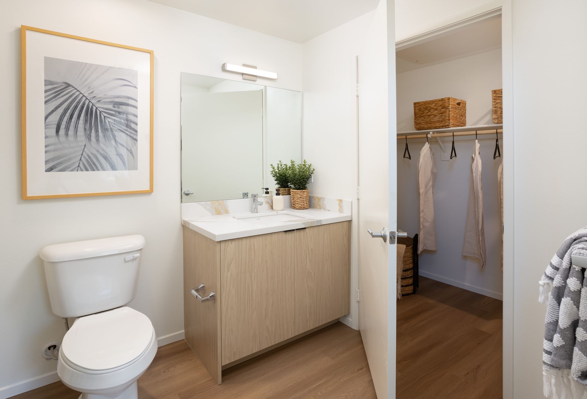 A bathroom with a toilet , sink , mirror and walk in closet.