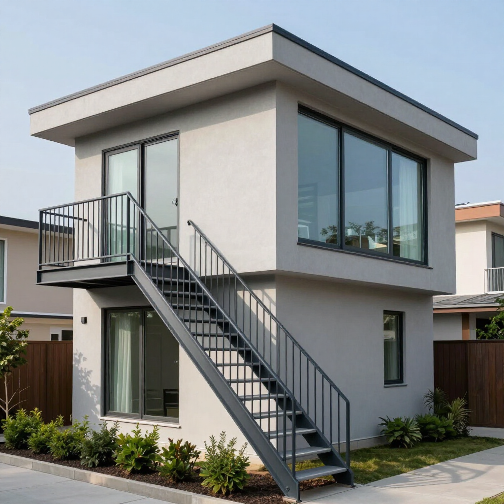 Modern two-story house with exterior staircase, large windows, and a small front garden