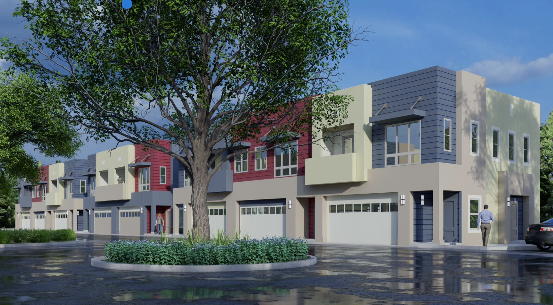An artist 's impression of a row of houses with a tree in the middle.