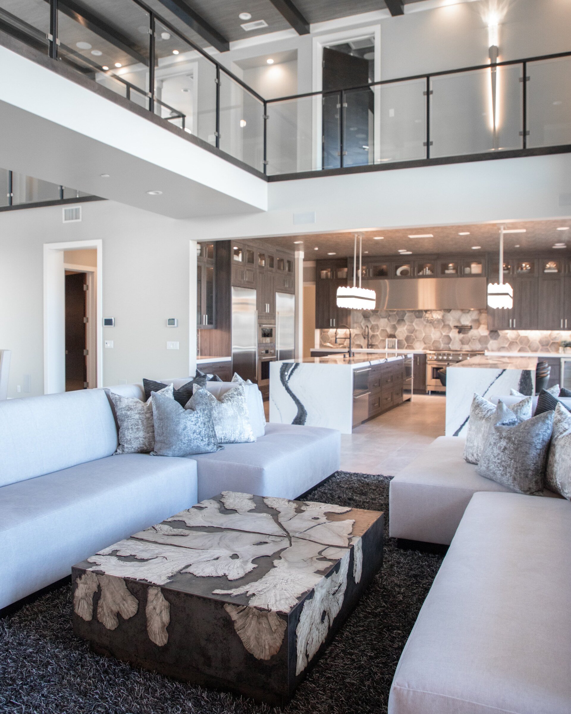 A living room with a couch and a coffee table