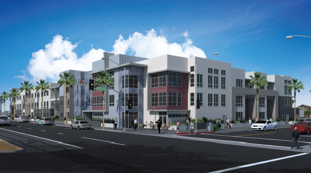 An artist 's impression of a large apartment building next to a street.