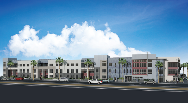 An artist 's impression of a large building with cars parked in front of it