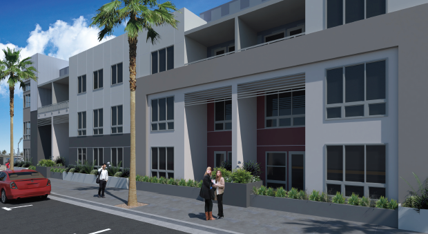 An artist 's impression of a building with a red car parked in front of it