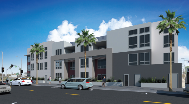 An artist 's impression of a building with cars parked in front of it