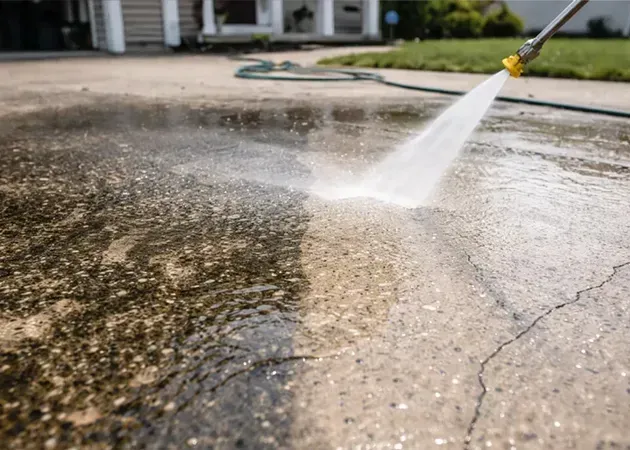 Pressure washer spraying water across a wet concrete driveway near a house