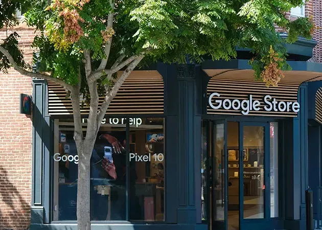 Google Store storefront with large windows and a tree in front