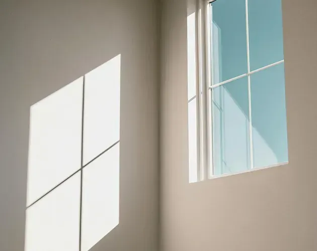 Sunlit wall with window shadows and a blue sky view through a white-framed window