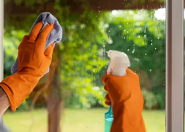 Hands in orange gloves cleaning a window with a cloth and spray bottle, green garden outside