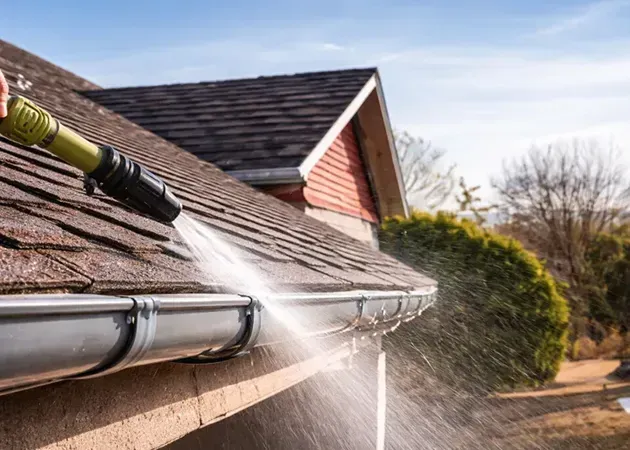 Gutter being cleaned with a pressure washer on a house roof, spraying water along the eaves